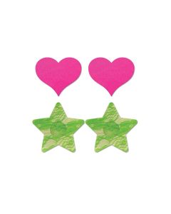 Fantasy UV Reactive Neon Heart & Lace Star Pasties - Pink & Green O/S Pack of 2